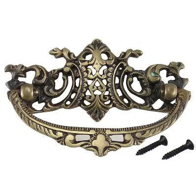 4 Inch Solid Brass Ornate Baroque / Rococo Bail Pull (Antique Brass Finish)