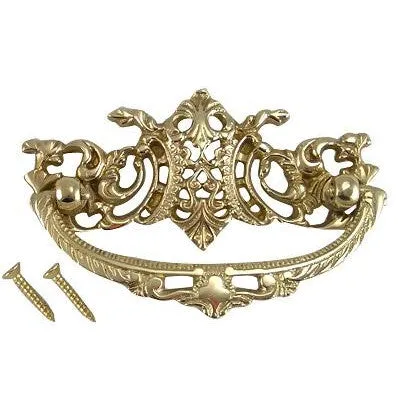 4 Inch Solid Brass Ornate Baroque / Rococo Bail Pull (Polished Brass Finish)