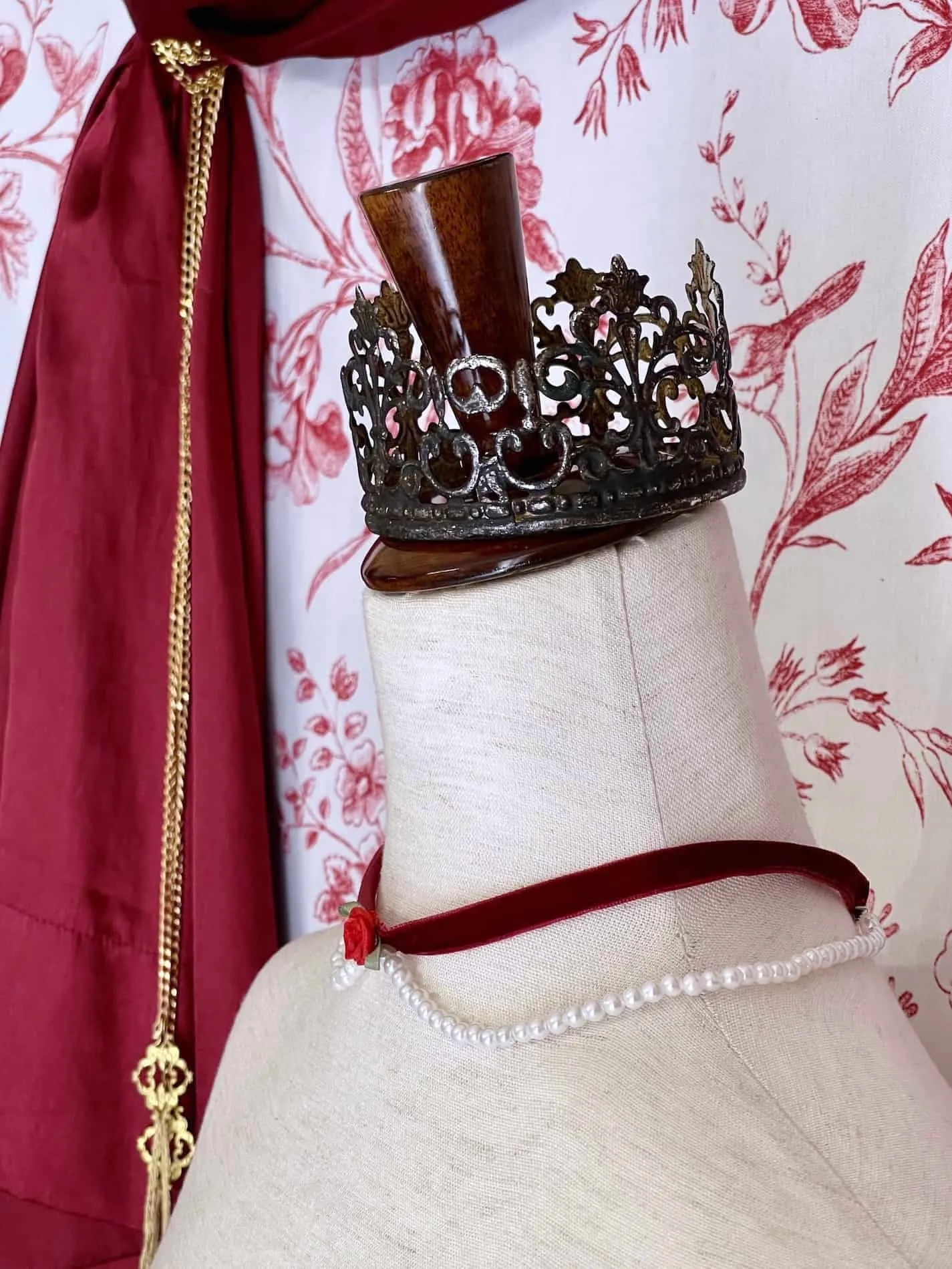 Handmade Historically Inspired Velvet Ribbon Pearl Choker Necklace in Burgundy