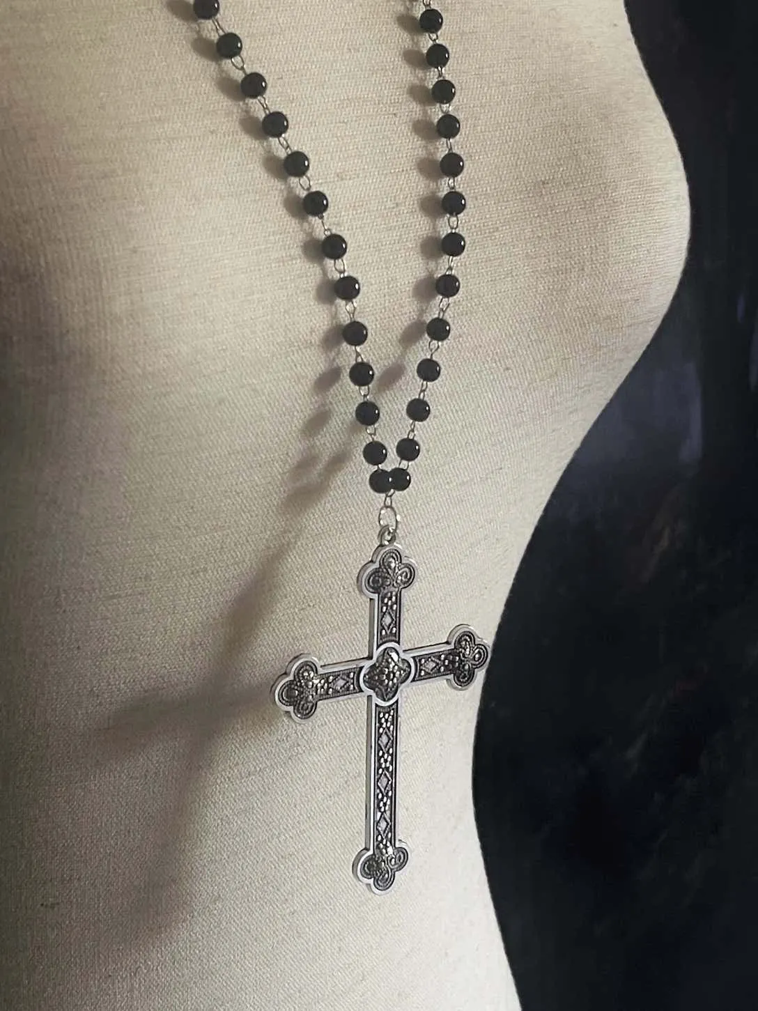 Handmade Medieval Gothic Metal Cross Rosary-Style Necklace in Black & Silver