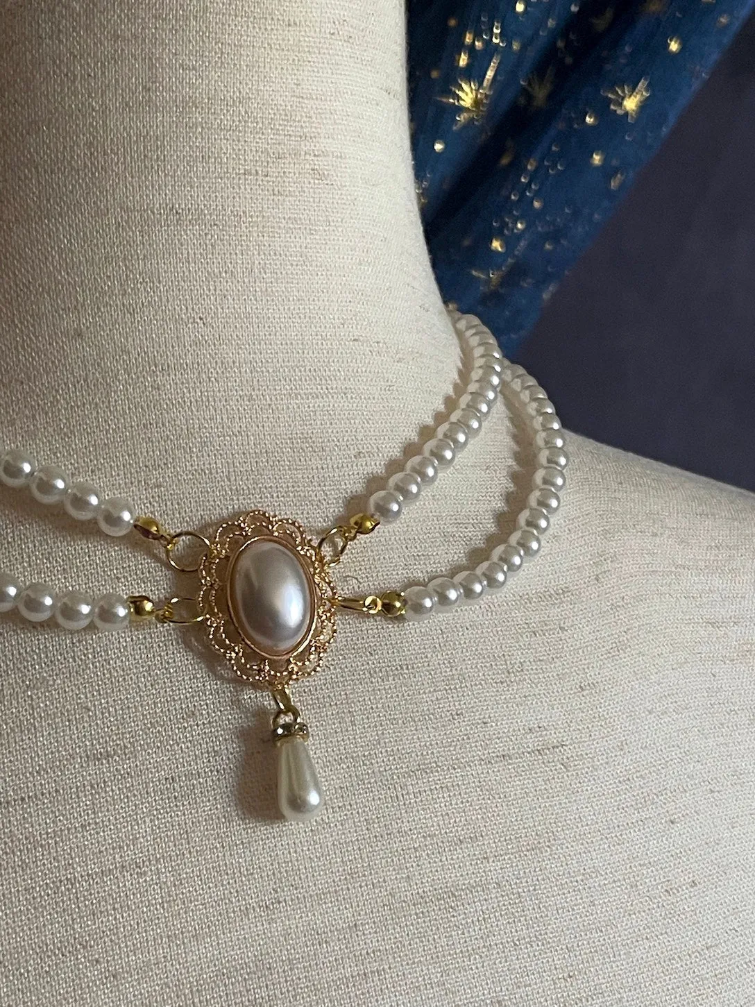 Historically Inspired Dual-Strand Pearl Beaded Choker Necklace