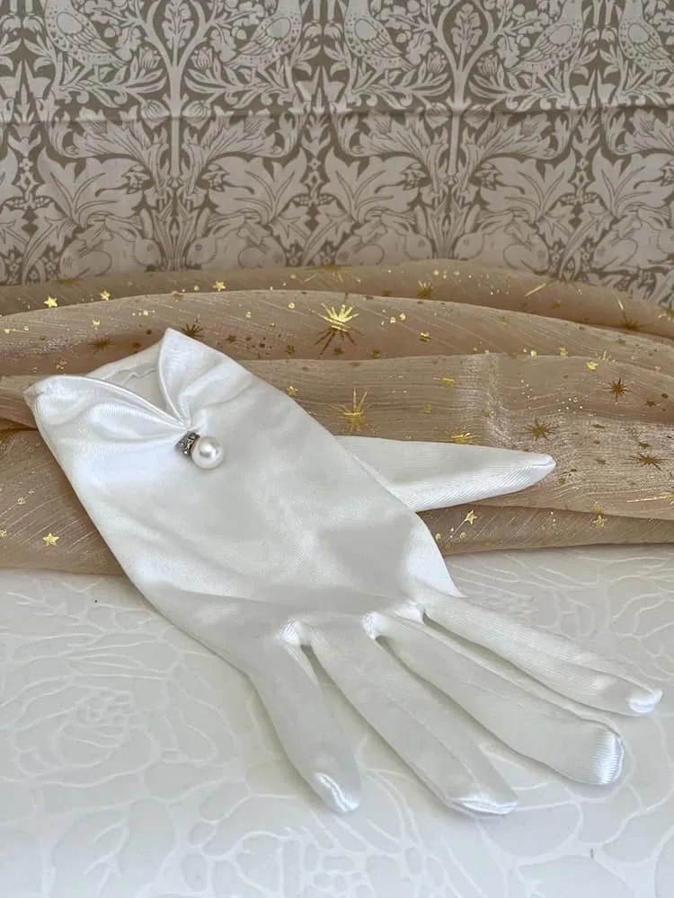 Historically Inspired Satin Gloves with Pearl Detail in White