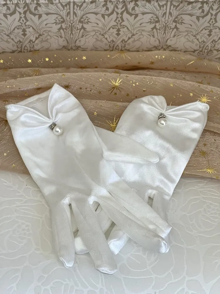 Historically Inspired Satin Gloves with Pearl Detail in White