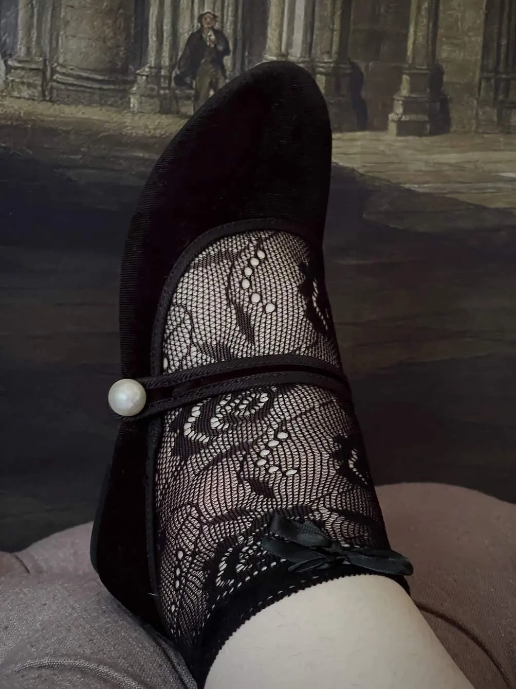 Historically Inspired Satin Ribbon Lace Ankle Socks in Gothic Black