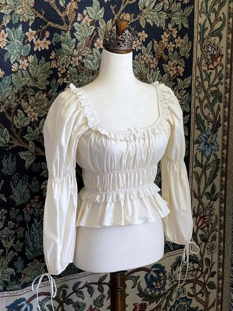 Historically Inspired Smocked Blouse with Virago Sleeves in Ivory Cotton