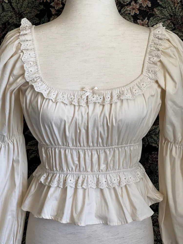 Historically Inspired Smocked Blouse with Virago Sleeves in Ivory Cotton