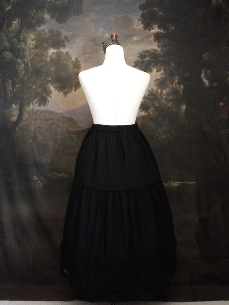 Historically Inspired Tiered Cotton Maxi Skirt with Lace Trim in Gothic Black